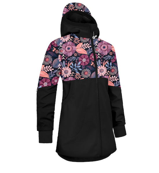 Unuo, Dívčí softshellový kabát s fleecem Street, Černá, Kouzelné květiny Velikost: 110/116, vel. 140/146