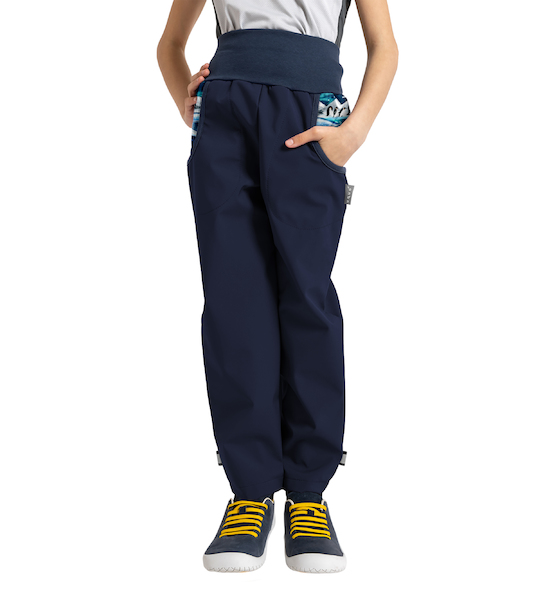 Unuo, Dětské softshellové kalhoty s fleecem Basic, Tm. Modročerná, Tučňáci Velikost: 104/110, vel. 104/110