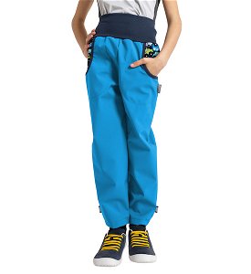 Unuo, Dětské softshellové kalhoty s fleecem Basic, Tyrkysová, Autíčka Velikost: 98/104, vel. 104/110