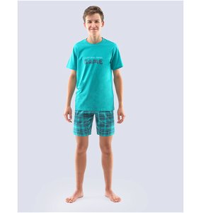 GINA dětské pyžamo krátké chlapecké, šité, s potiskem Pyžama 2021 69002P  - šalvěj lahvová 140/146, vel. 152/158, šalvěj lahvová