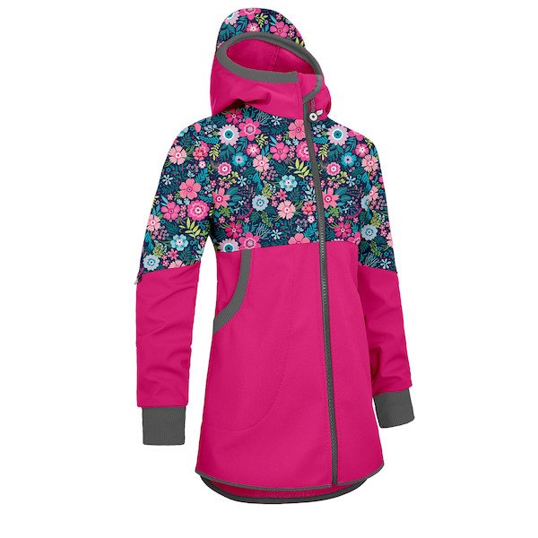 Unuo, Dívčí softshellový kabát s fleecem Street, Fuchsiová, Květinky Velikost: 98/104, vel. 128/134