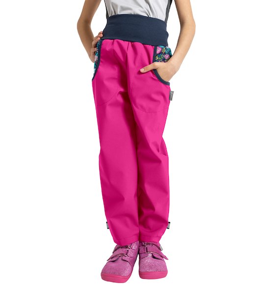 Unuo, Dětské softshellové kalhoty s fleecem Basic, Fuchsiová, Květinky Velikost: 116/122, vel. 104/110