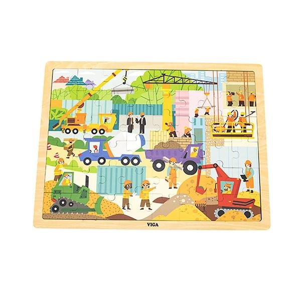 Dřevěné puzzle 48 dílků Viga Stavební stroje, Multicolor
