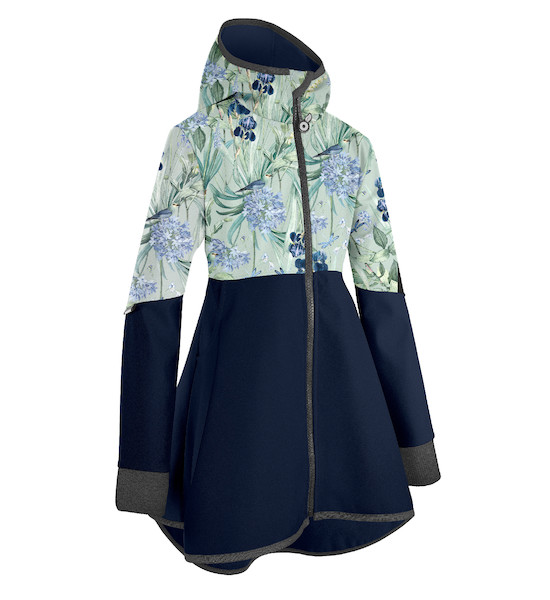 Unuo, Dívčí softshellový kabát s fleecem Romantico, Tm. Modročerná, Ptáčci s kosatci Velikost: 98/104, vel. 104/110