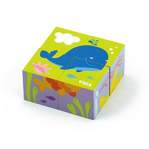Dřevěné puzzle kostky pro nejmenší Viga Velryba, Multicolor