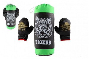 Teddies Boxovací pytel + rukavice látka černá/zelená v síťce 20x50x25cm