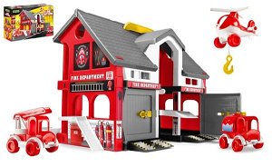 WADER Play House - Požární stanice plast + 2ks aut + 1ks helikoptéra v krabici 59x39x15cm