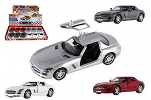 Teddies Auto Kinsmart Mercedes-Benz SLS AMG kov/plast 13cm na zpětné natažení 4 barvy 12ks v boxu