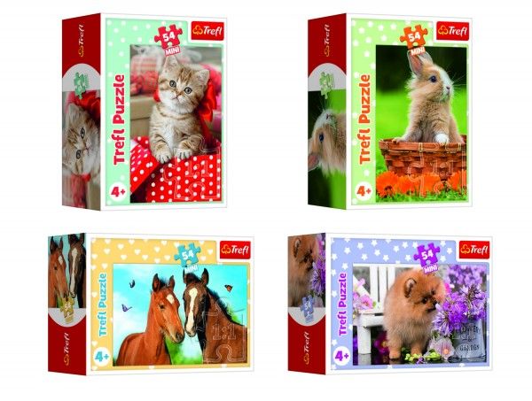 Trefl Minipuzzle 54 dílků Zvířátka - mláďata 4 druhy v krabičce 9x6,5x4cm 40ks v boxu