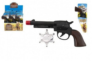 Teddies Pistole/Kolt klapací + šerifská hvězda kovboj plast 20cm na kartě 12ks v boxu