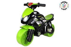 Teddies Odrážedlo motorka zeleno-černá plast na baterie se světlem se zvukem v sáčku 36x53x74cm