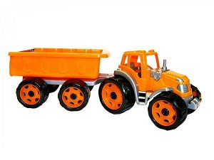 Teddies Traktor s vlekem plast 53cm na volný chod 2 barvy v síťce