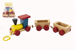 Teddies Vlak + 2 vagónky dřevo tahací barevný celková délka 43cm v sáčku