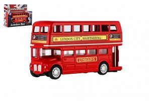 Teddies Autobus "Londýn" červený patrový kov/plast 12cm na zpětné natažení v krabičce 17x13,5x6cm