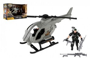 Teddies Vrtulník/helikoptéra vojenský s vojákem plast s doplňky v krabici 28x18x12cm