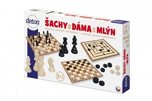 Detoa Šachy,dáma, mlýn dřevěné figurky a kameny společenská hra v krabici 35x23x4cm