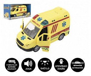 Teddies Auto ambulance plast 20cm na setrvačník na baterie se zvukem se světlem v krabici 26x15x12cm