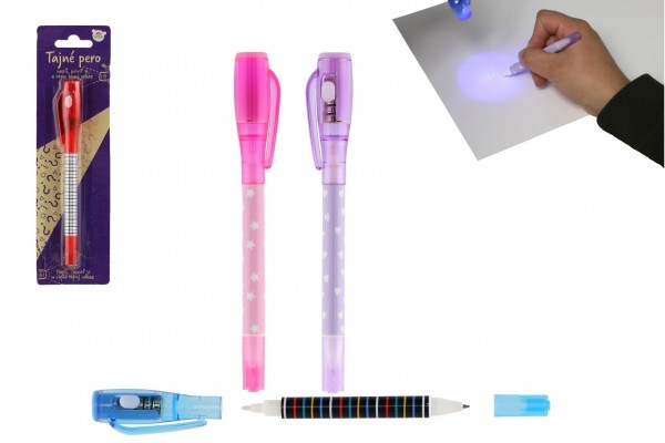 Teddies Tajné pero s neviditelným inkoustem a ÚV světlem + propiska plast 15cm na baterie 4 barvy na kartě