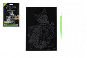 SMT Creatoys Škrabací obrázek stříbrný Kočička a kotě 12,5x18cm na kartě