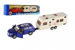 Teddies Auto s karavanem kov/plast 29cm na zpětné natažení 2 barvy v krabičce 32x8x6cm