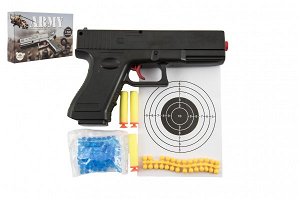 Teddies Pistole na kuličky 20cm plast + vodní kuličky 6mm,pěnové náboje 3ks,gumové kul. v krabičce 23x15x4cm
