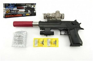 Teddies Pistole plast/kov 33cm na vodní kuličky + náboje 9-11mm na baterie se světlem v krabici 34x13x4cm