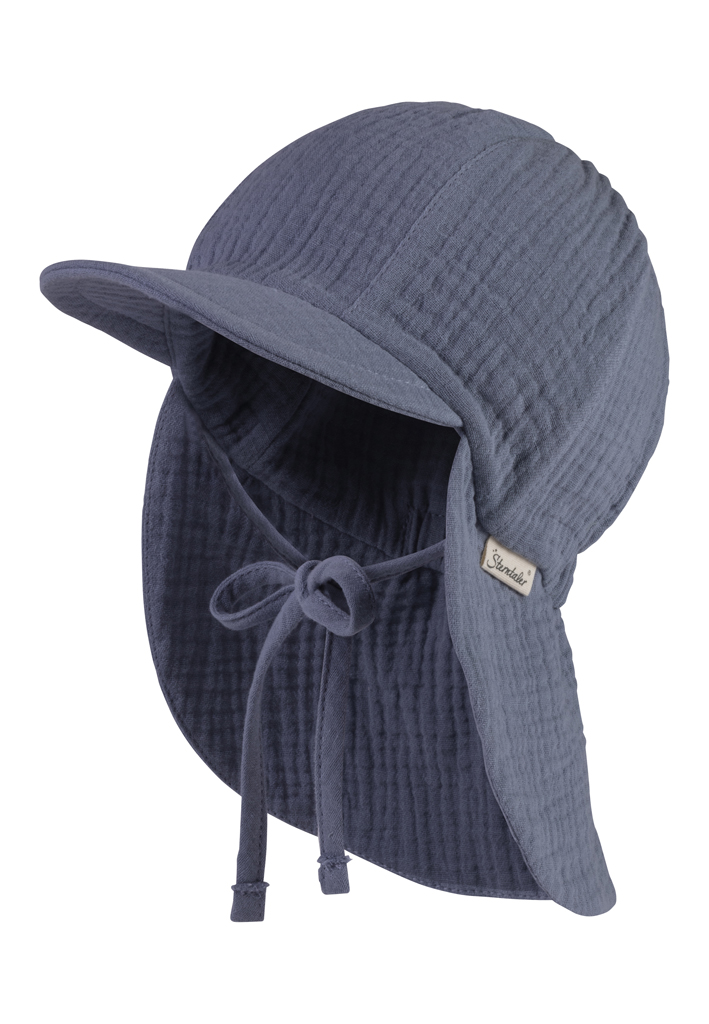 STERNTALER Čepice s kšiltem UV50+ z bavlněného mušelínu s ochranou krku modrá kluk- 45 cm 6-9 m