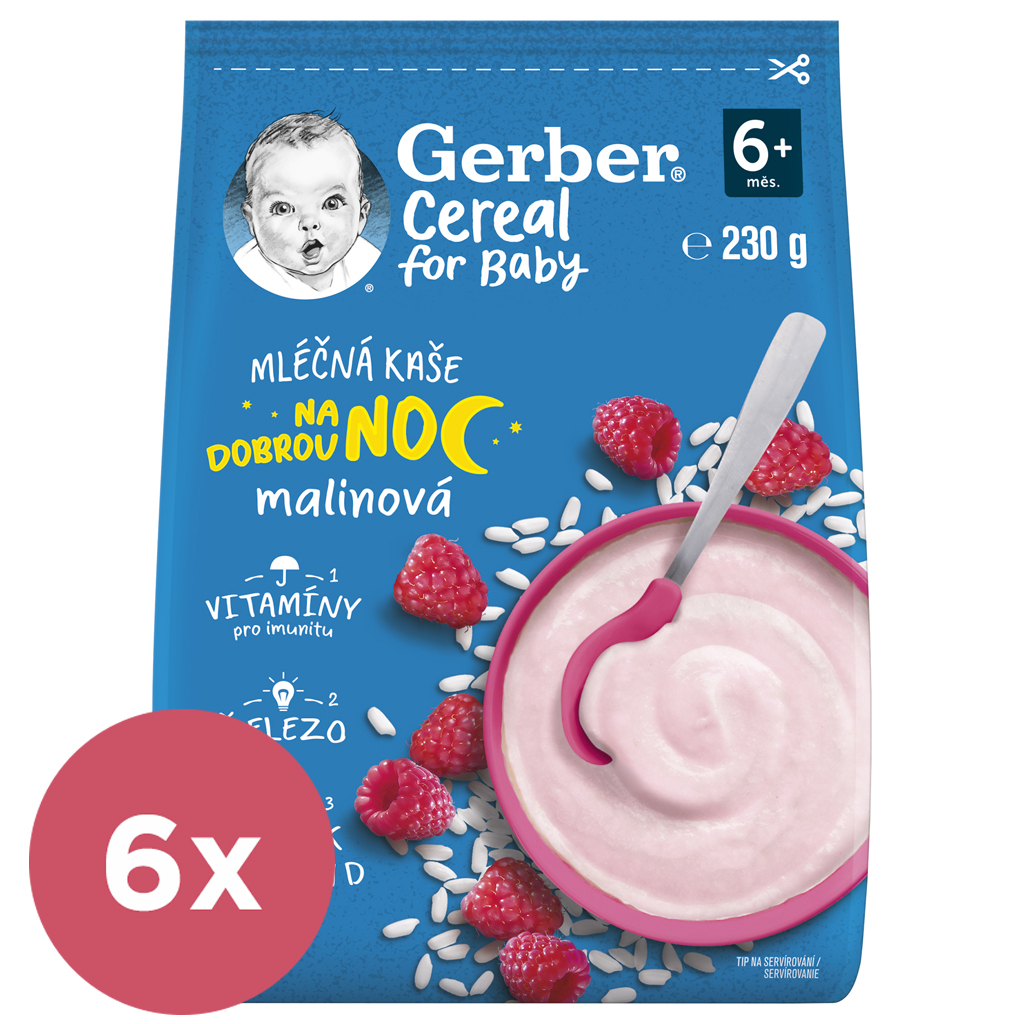 6x GERBER Kaše mléčná cereal malinová Dobrou noc 230 g