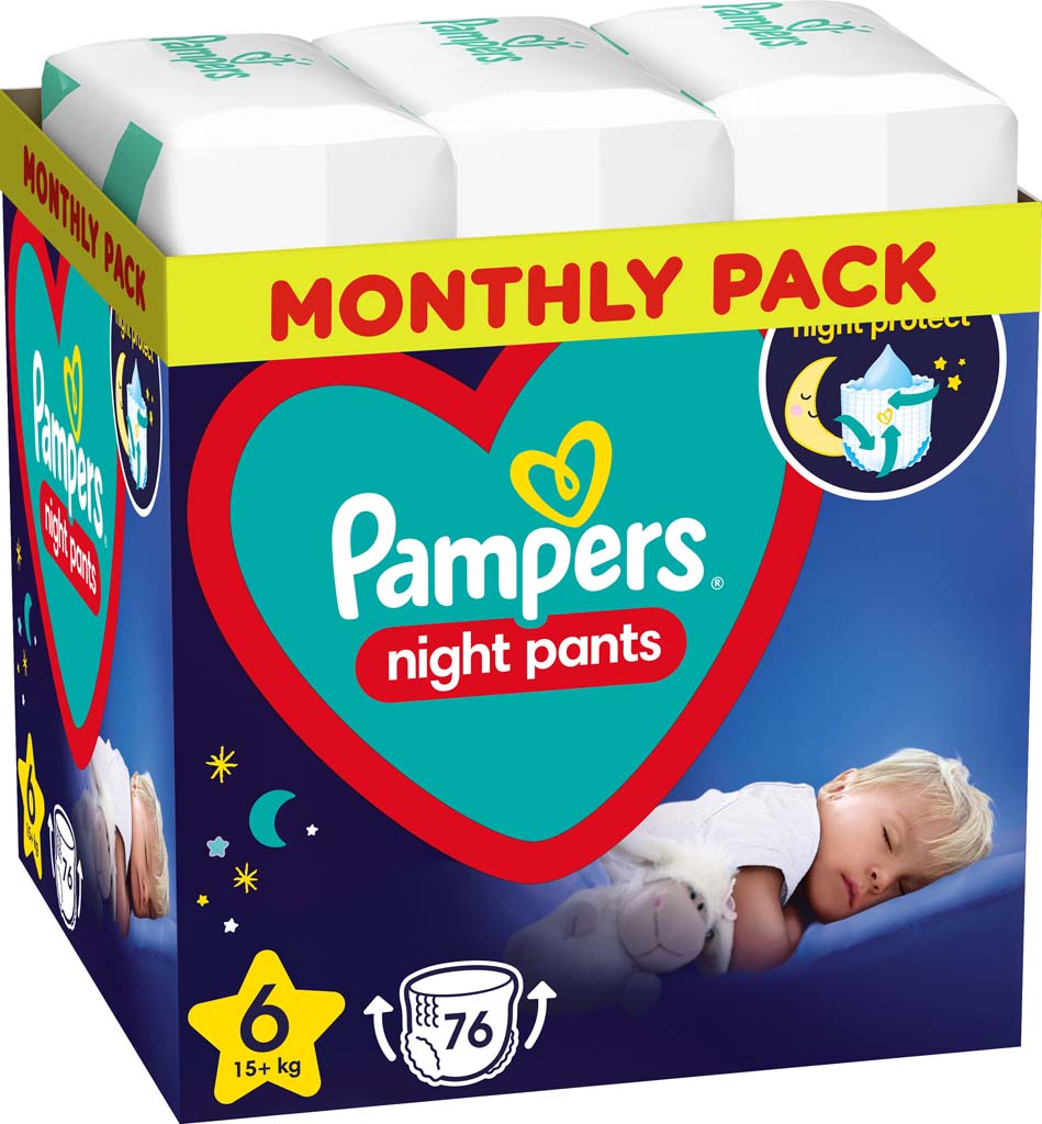PAMPERS Night Pants Kalhotky plenkové jednorázové 6 (15 kg+) 76 ks - MĚSÍČNÍ ZÁSOBA