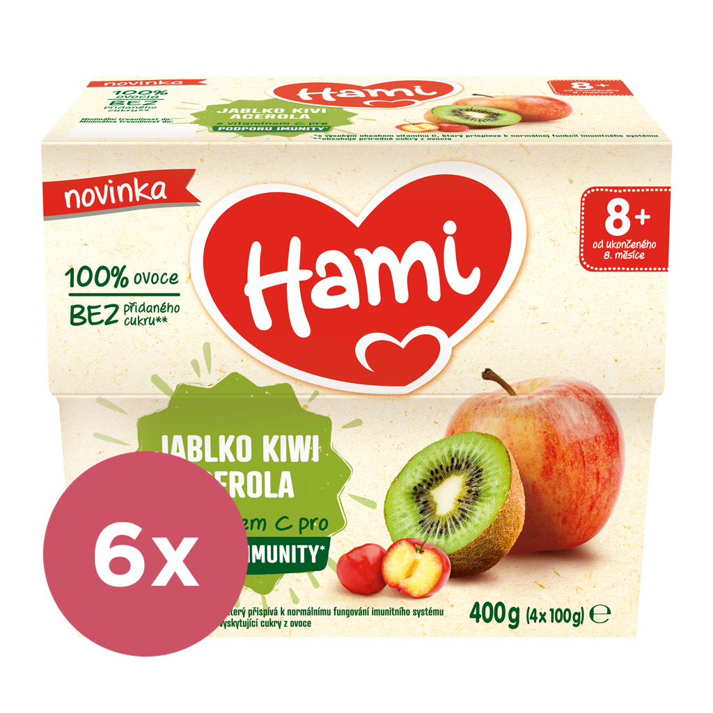 6x HAMI Příkrm ovocný 100% ovoce jablko kiwi acerola 400g, 8+