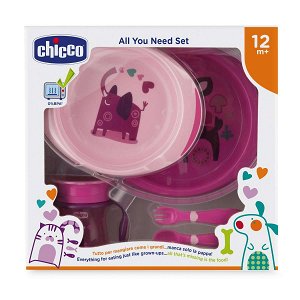 CHICCO Set jídelní - talíře, příbory, sklenka, růžový 12m+
