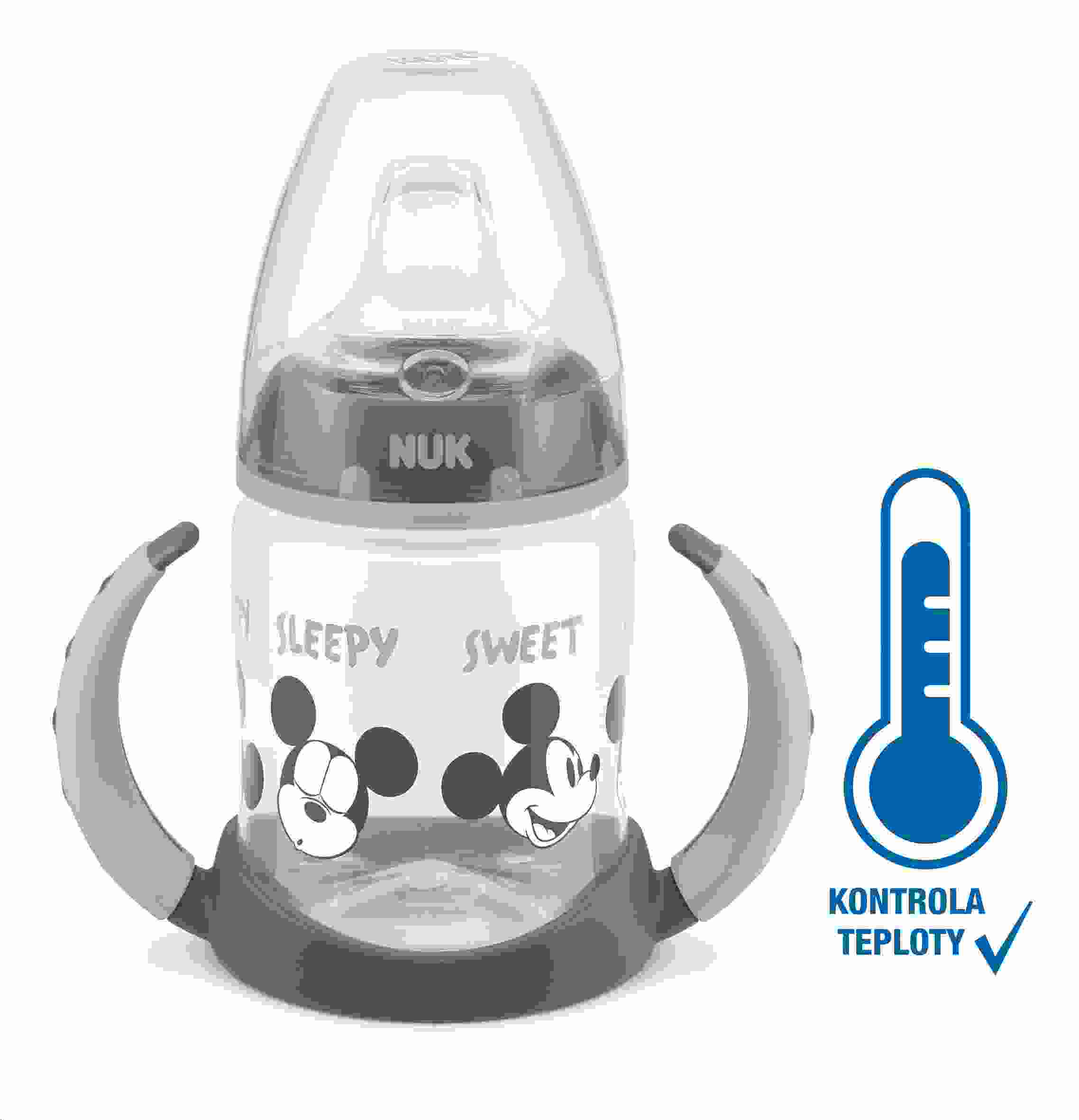 Kojenecká láhev na učení NUK Disney Mickey s kontrolou teploty 150 ml šedá Šedá