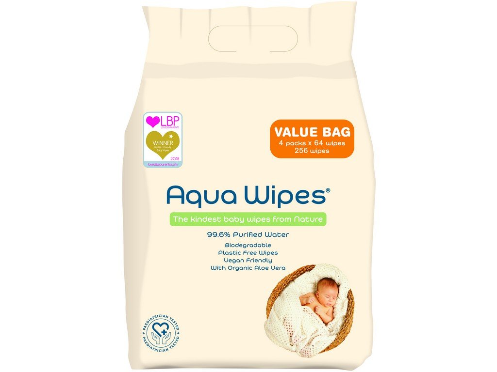 AQUA WIPES BIO Aloe Vera 100% rozložitelné ubrousky, 99% vody, 4x64 ks = 256ks