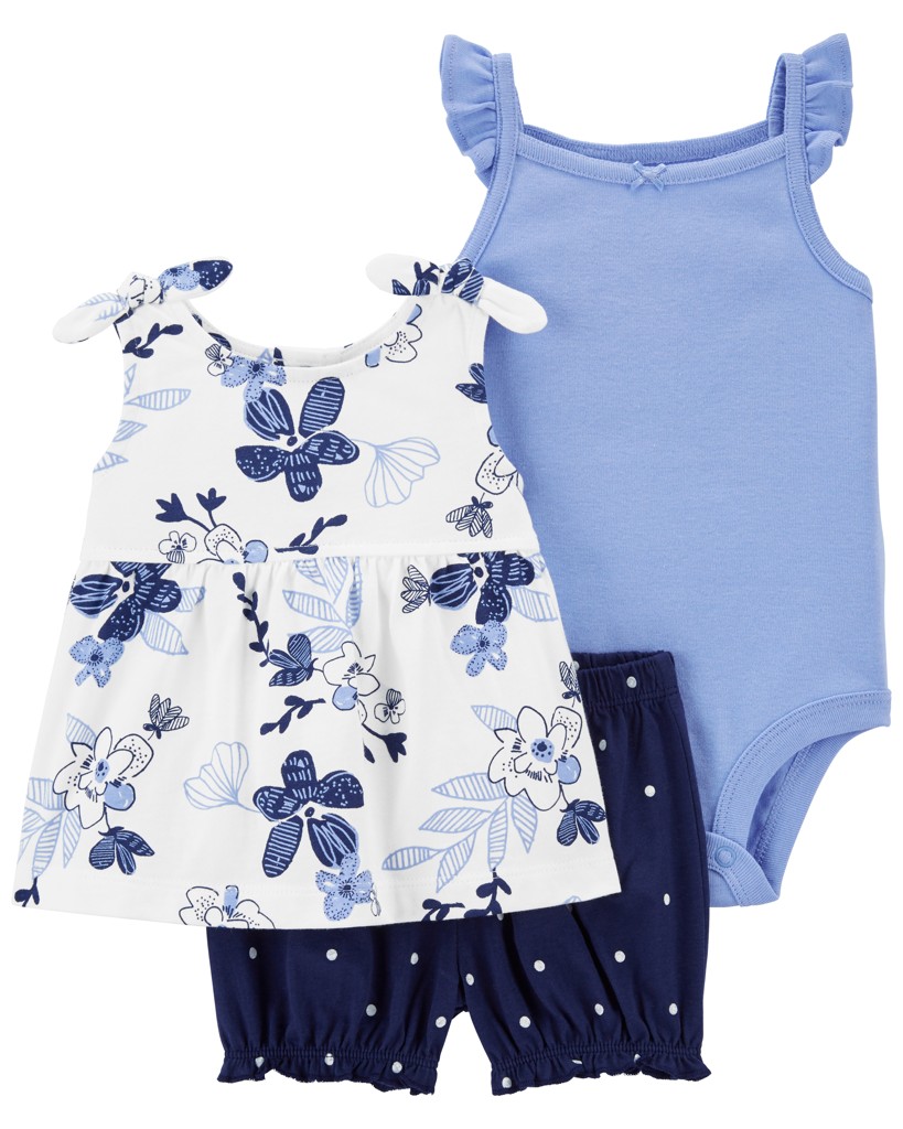 CARTER'S Set 3dílný triko na ramínka, body na ramínka, kraťasy Blue Flowers holka 24m