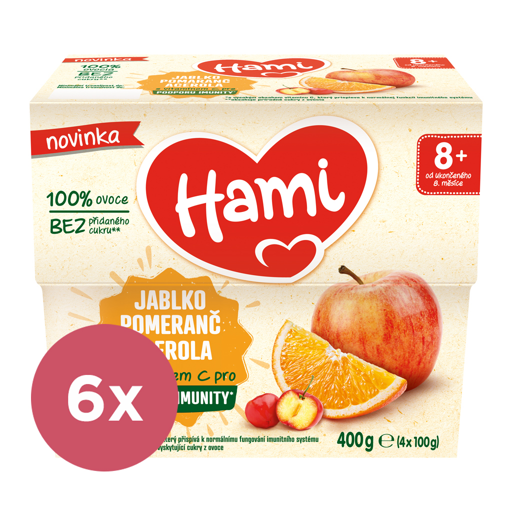 6x HAMI Příkrm ovocný 100% ovoce jablko pomeranč acerola 400g, 8+