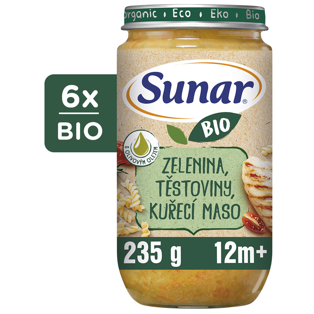 SUNAR BIO Příkrm zelenina, těstoviny, kuřecí maso 12m+, 6x235g