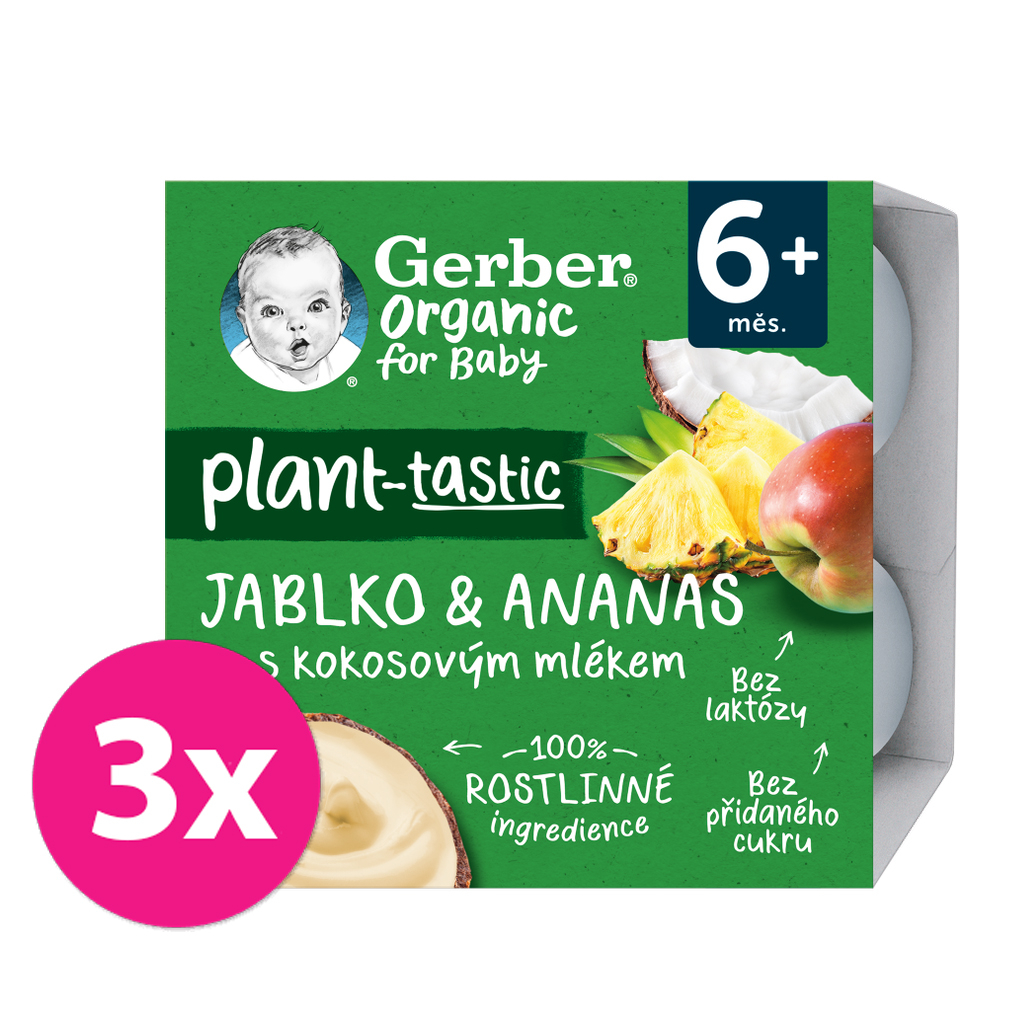 3x GERBER Organic 100% Dezert rostlinný jablko a ananas s kokosovým mlékem (4x 90 g)​