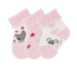 Sterntaler Ponožky kojenecké s manžetkou, froté 3 páry, kočička, myška, hvězdičky, růžové, 8401923