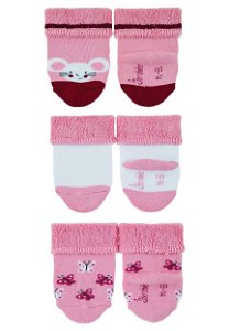 Sterntaler Ponožky kojenecké, 3 páry, froté, manžetka, růžové, myška, motýlci 8302223