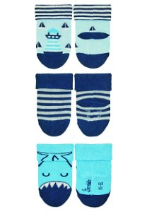 Sterntaler kojenecké ponožky s manžetou chlapecké 3 páry modré plachetnice,žralok 8312251