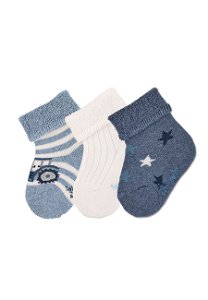 Sterntaler Ponožky kojenecké, 3 páry, froté, manžetka, modré, traktor  8402220