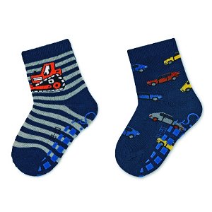 Sterntaler ponožky protiskluzové ABS 2 páry proužky, bagr, auta, tmavě modré 8102120
