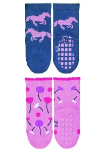 Sterntaler ponožky protiskluzové ABS dívčí 2 páry modro růžové, koně, květy 8002225