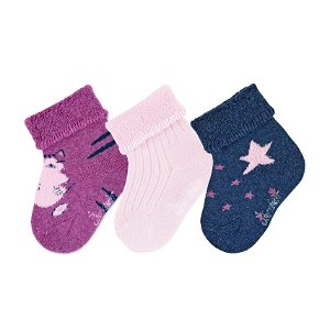 Sterntaler Ponožky kojenecké, 3 páry, froté, manžetka, červené, bílé, růžové, kočička, hvězdy 8402125