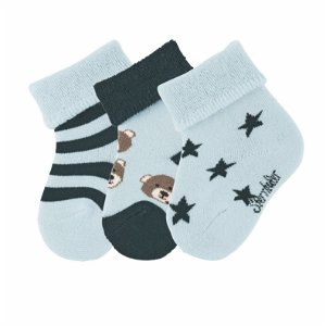 Sterntaler Ponožky kojenecké, 3 páry, froté, manžetka, světle modré, méďa, hvězdičky, pruhy 8401920