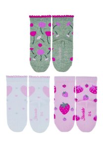 Sterntaler ponožky dívčí 3 páry, šedé, kytičky, srdíčka, jahůdky 8322227