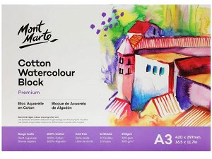 MontMarte Blok akvarelového papíru Premium č. 0130 - 100% bavlna, 300g/m2, A3 - 12 listů
