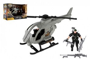 Teddies Vrtulník/helikoptéra vojenský s vojákem plast s doplňky v krabici 27x18x11,5cm