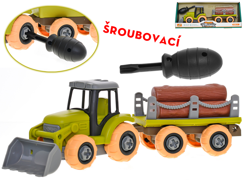 Mikro trading Traktor na volný chod - 28 cm - šroubovací s vlečkou a kládami