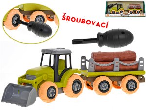 Mikro trading Traktor na volný chod - 28 cm - šroubovací s vlečkou a kládami